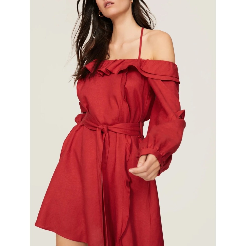 Marissa Webb Collective Dress linen Red Off Shoulder Ruffle Tie Waist Med
